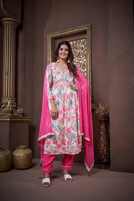 Jyoti Fashion Women's Pink Rayon Floral Print with Handwork Designer Kurta Set with Dupatta