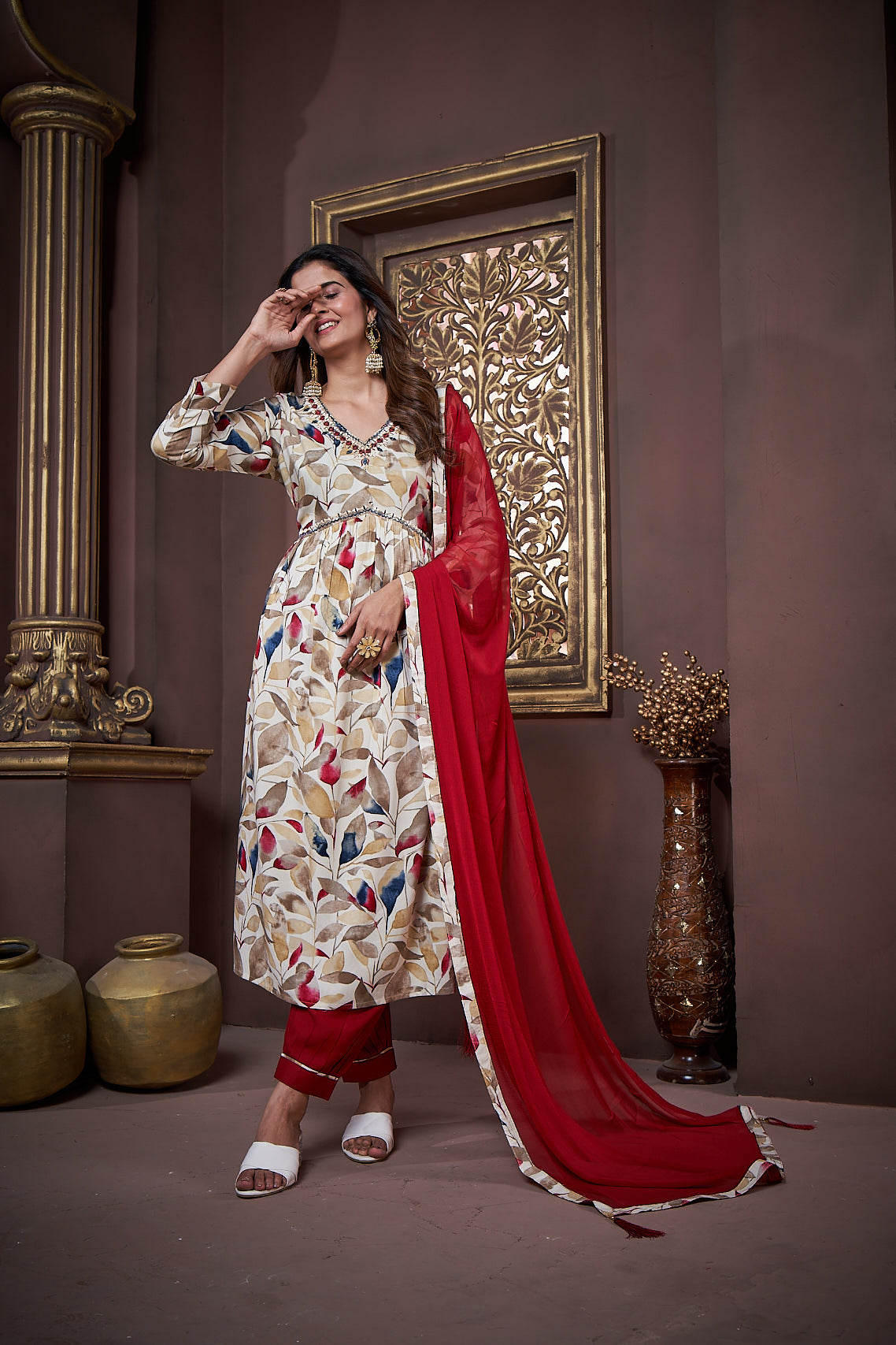 Jyoti Fashion Women's Maroon Rayon Floral Print with Handwork Designer Kurta Set with Dupatta