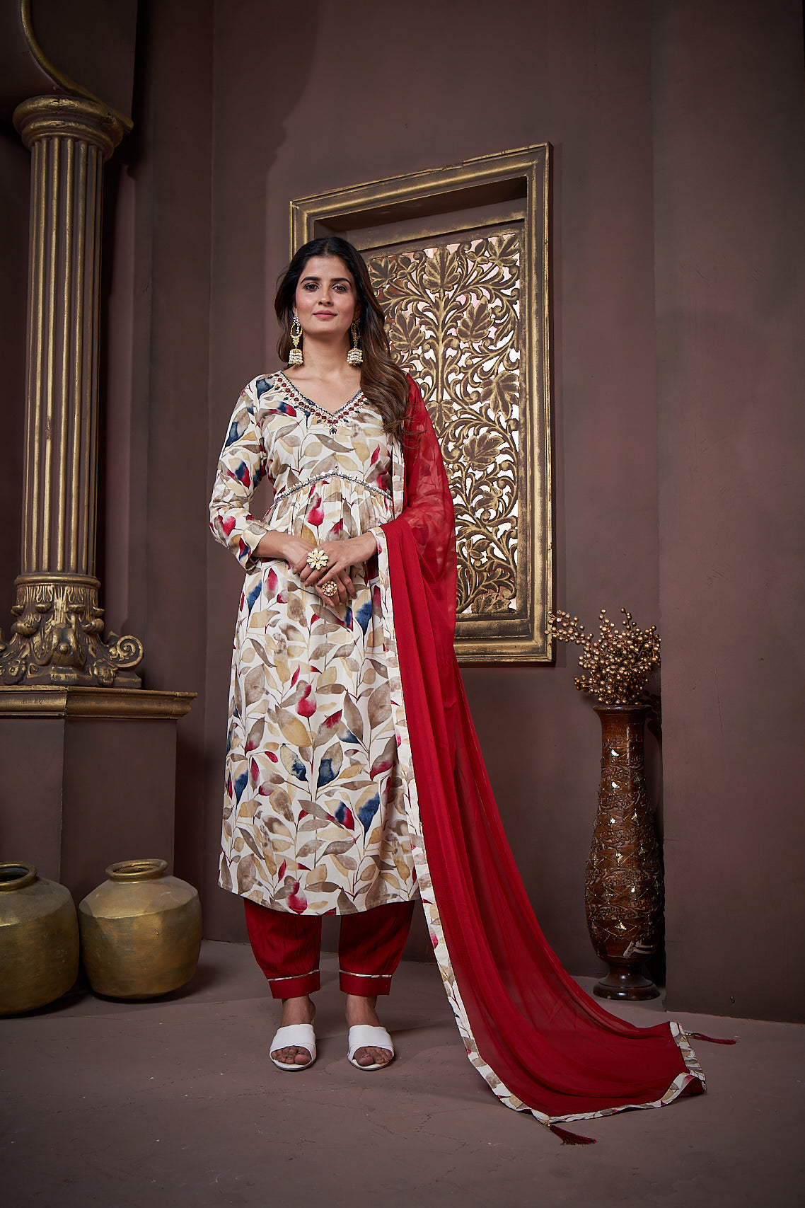 Jyoti Fashion Women's Maroon Rayon Floral Print with Handwork Designer Kurta Set with Dupatta