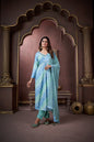 Jyoti Fashion Women's Sky Blue Rayon Floral Print with Handwork Designer Kurta Set with Dupatta