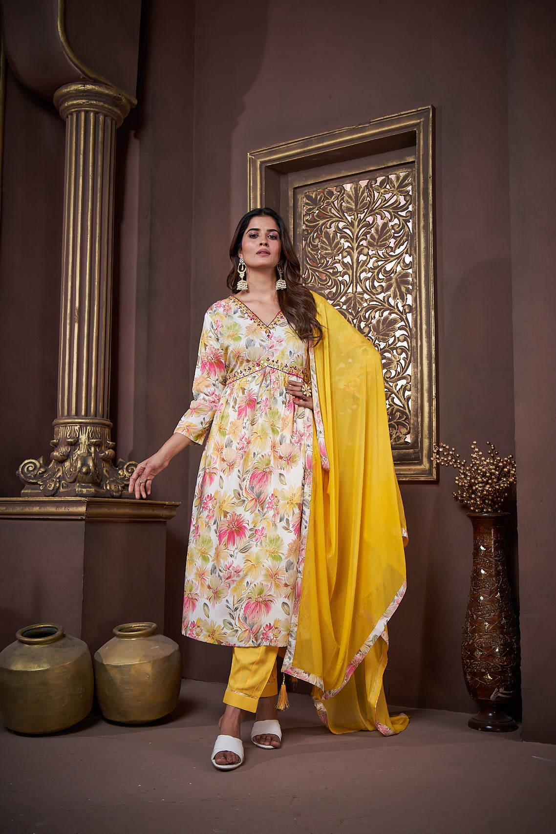 Jyoti Fashion Women's Yellow Rayon Floral Print with Handwork Designer Kurta Set with Dupatta