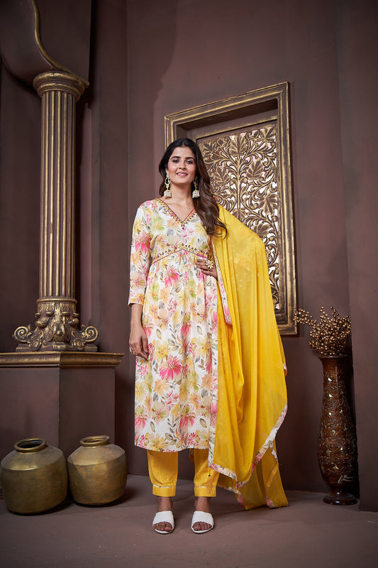 Jyoti Fashion Women's Yellow Rayon Floral Print with Handwork Designer Kurta Set with Dupatta