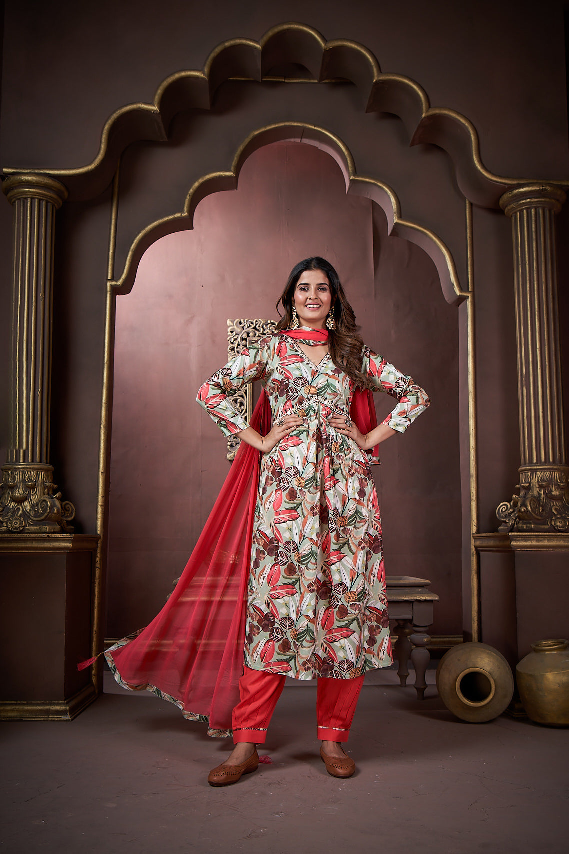 Jyoti Fashion Women's Red Rayon Floral Print with Handwork Designer Kurta Set with Dupatta