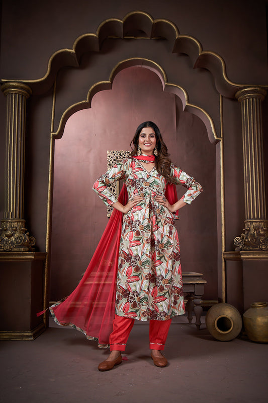 Jyoti Fashion Women's Red Rayon Floral Print with Handwork Designer Kurta Set with Dupatta
