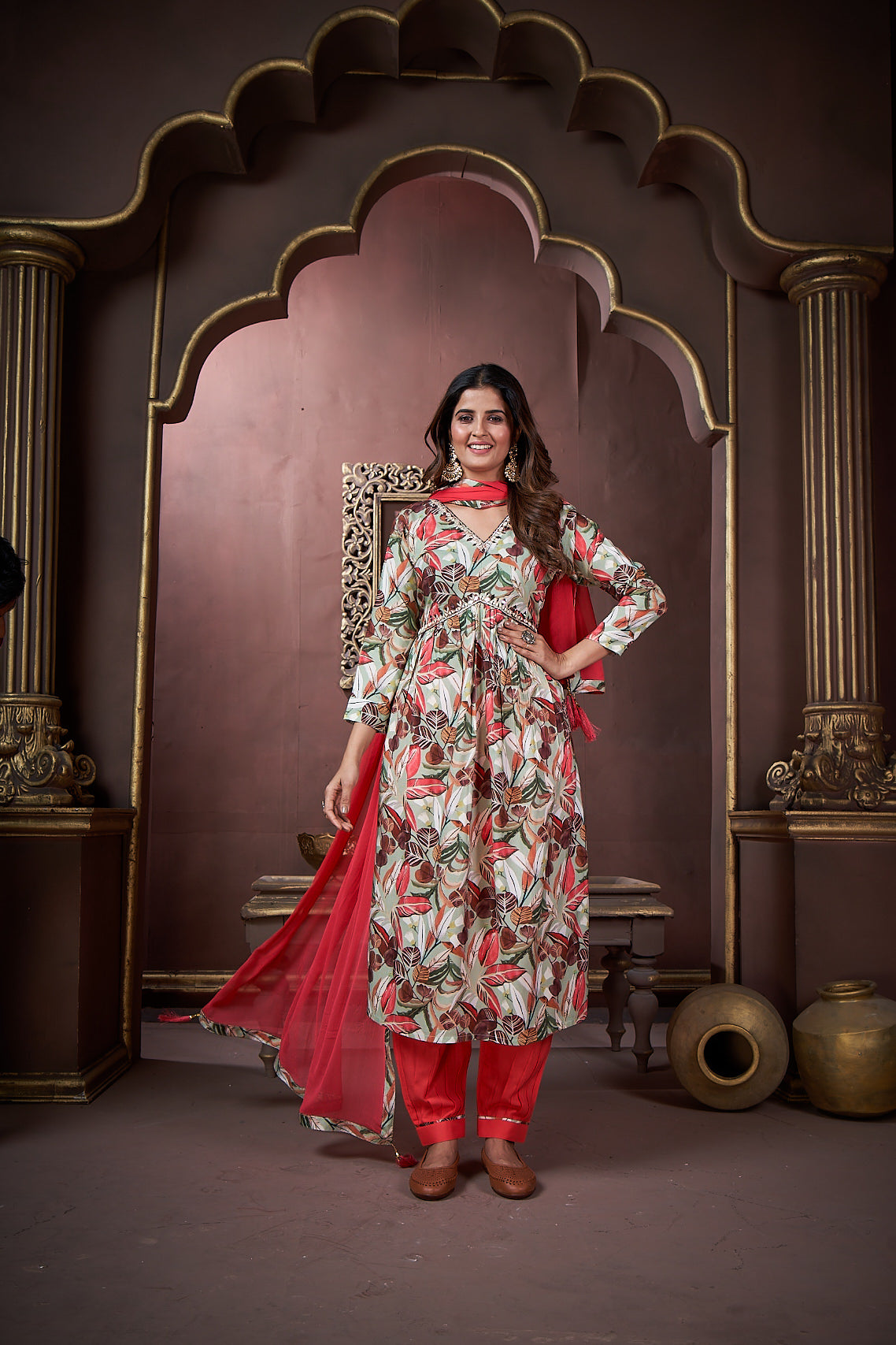 Jyoti Fashion Women's Red Rayon Floral Print with Handwork Designer Kurta Set with Dupatta