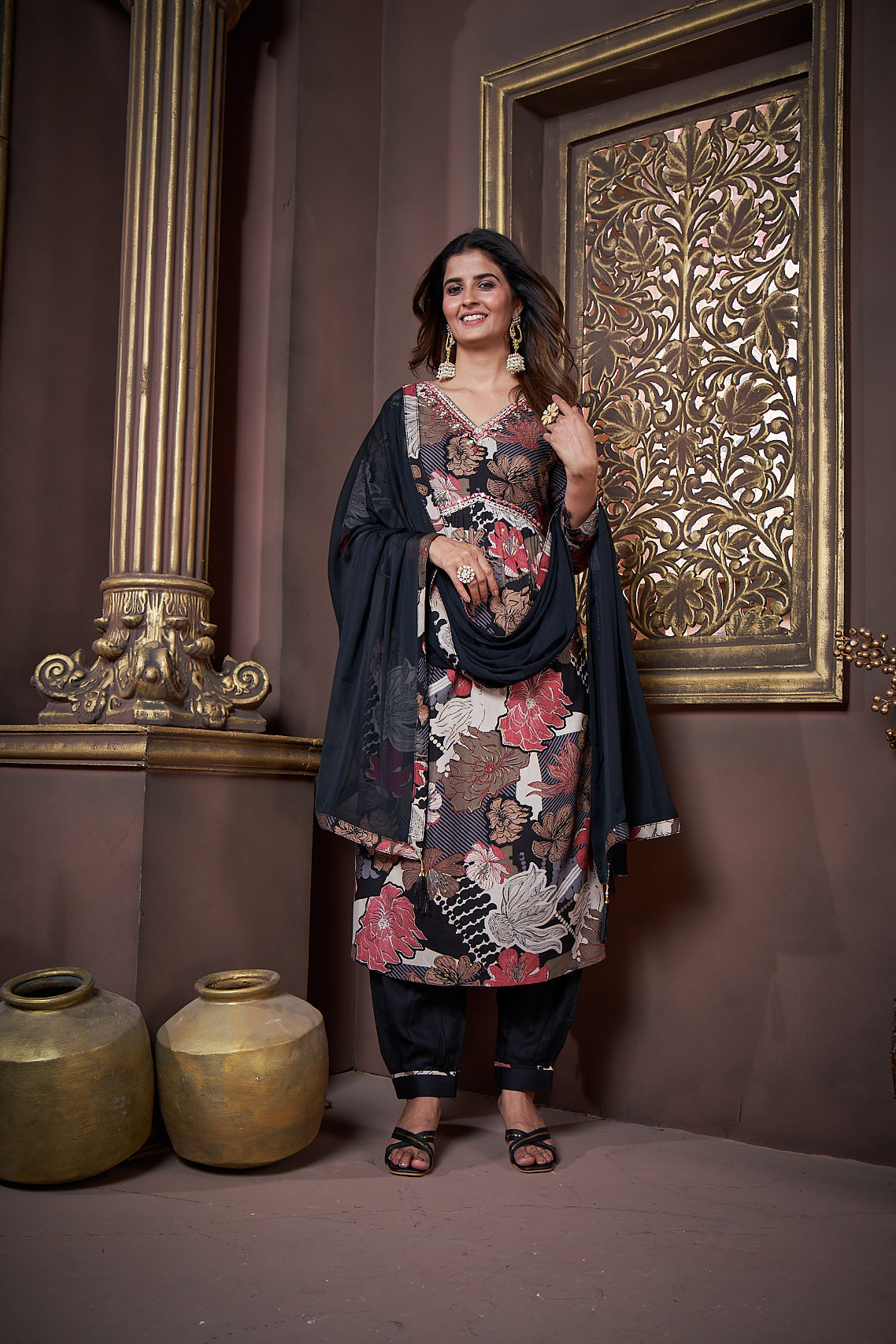 Jyoti Fashion Women's Black Rayon Floral Print with Handwork Designer Kurta Set with Dupatta