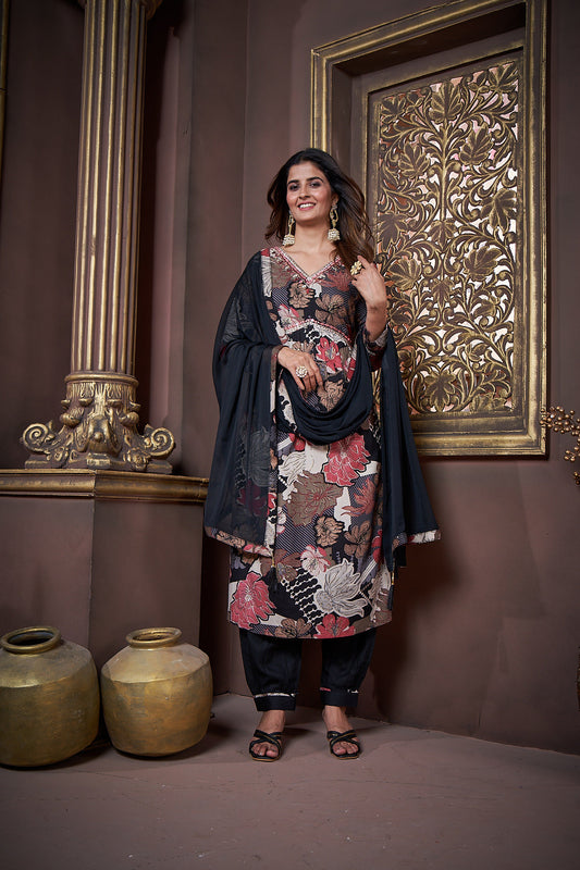 Jyoti Fashion Women's Black Rayon Floral Print with Handwork Designer Kurta Set with Dupatta