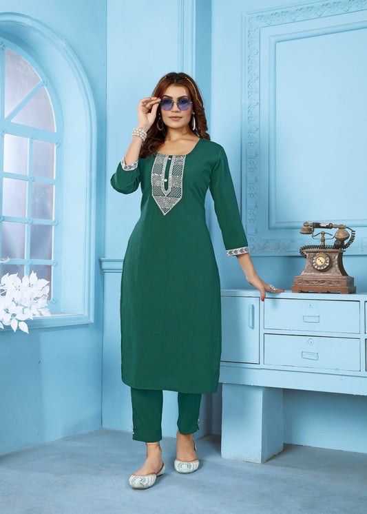 Jyoti Fashion Women's Bottle Green Rinkal Cotton Embroidered Designer Kurta with Bottom