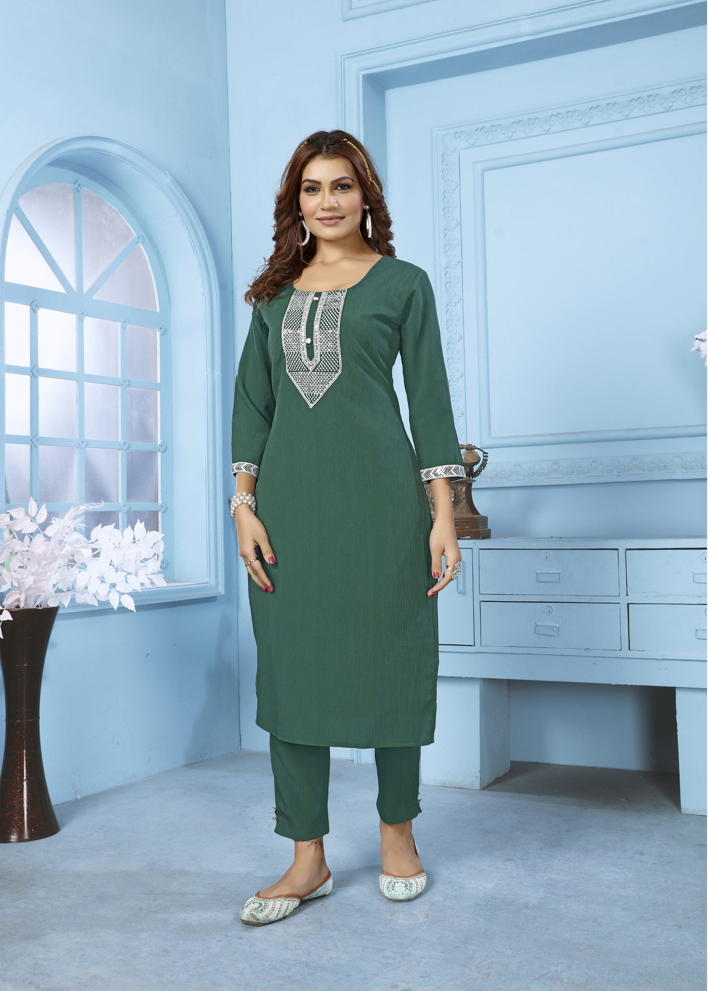 Jyoti Fashion Women's Bottle Green Rinkal Cotton Embroidered Designer Kurta with Bottom