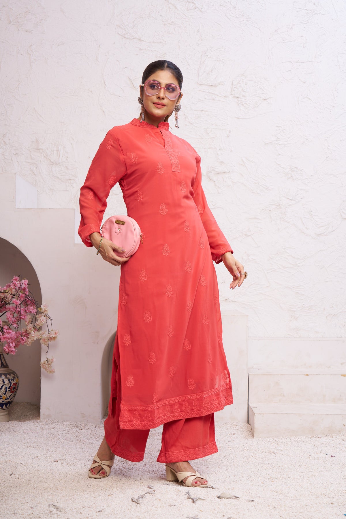 Jyoti Fashion Women's Orange Faux Georgette Embroidered Designer Kurta with Bottom