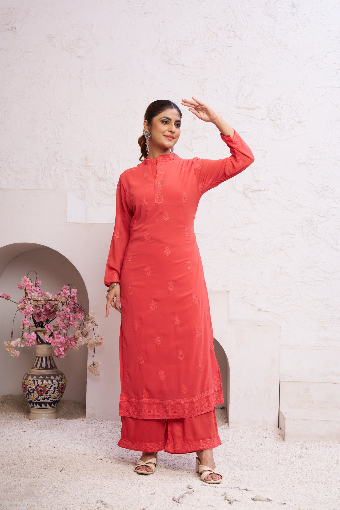 Jyoti Fashion Women's Orange Faux Georgette Embroidered Designer Kurta with Bottom
