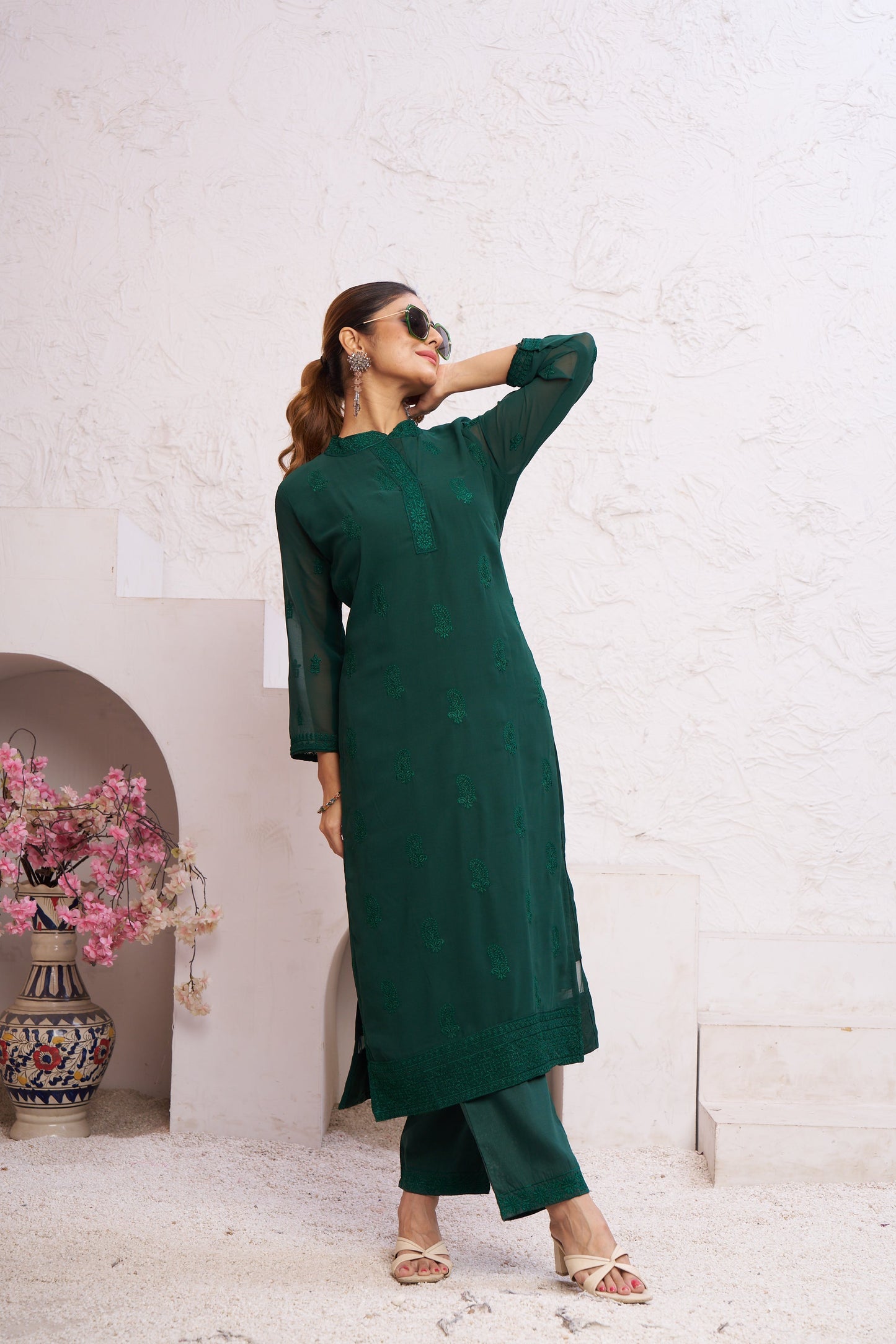 Jyoti Fashion Women's Bottle Green Faux Georgette Embroidered Designer Kurta with Bottom