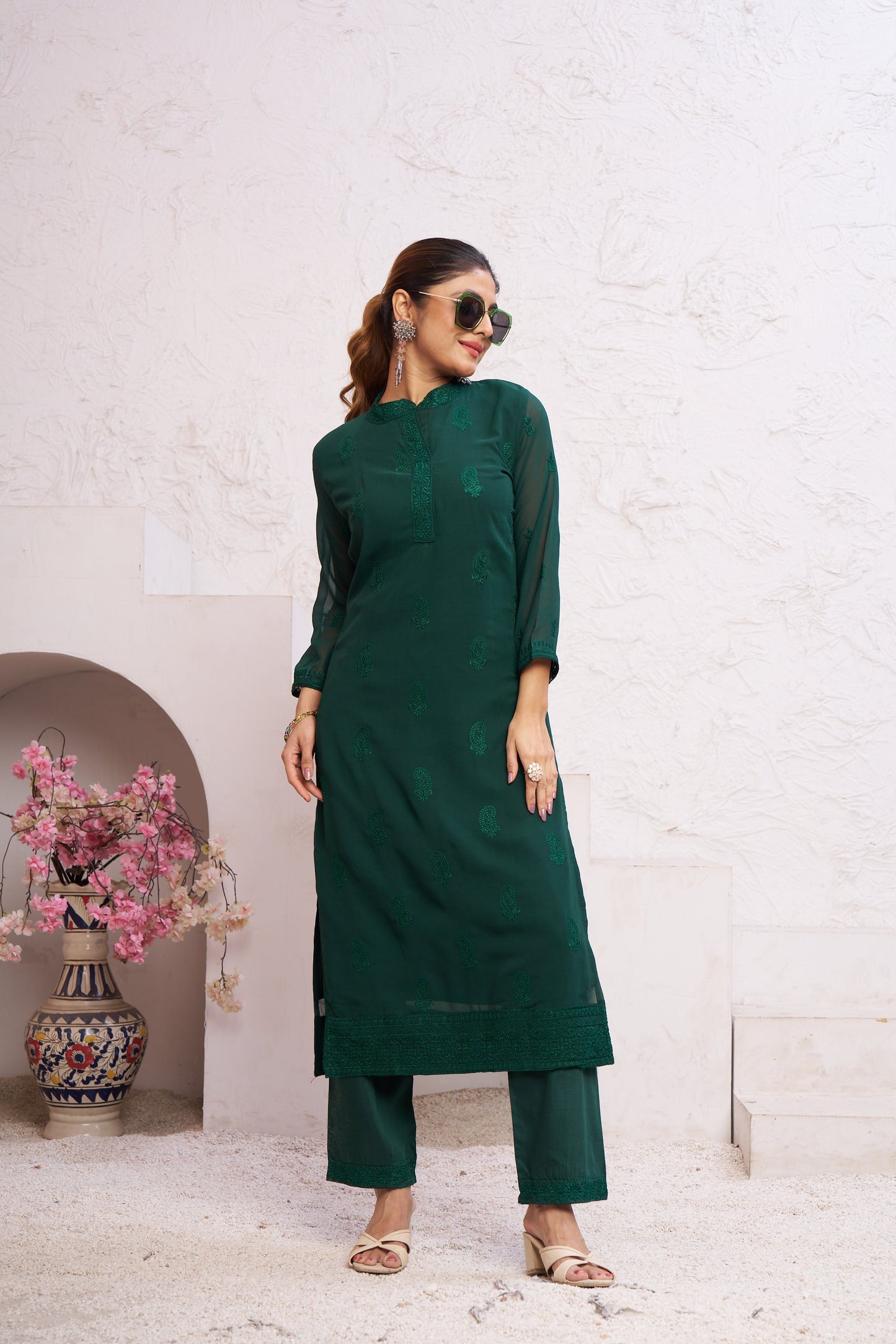 Jyoti Fashion Women's Bottle Green Faux Georgette Embroidered Designer Kurta with Bottom