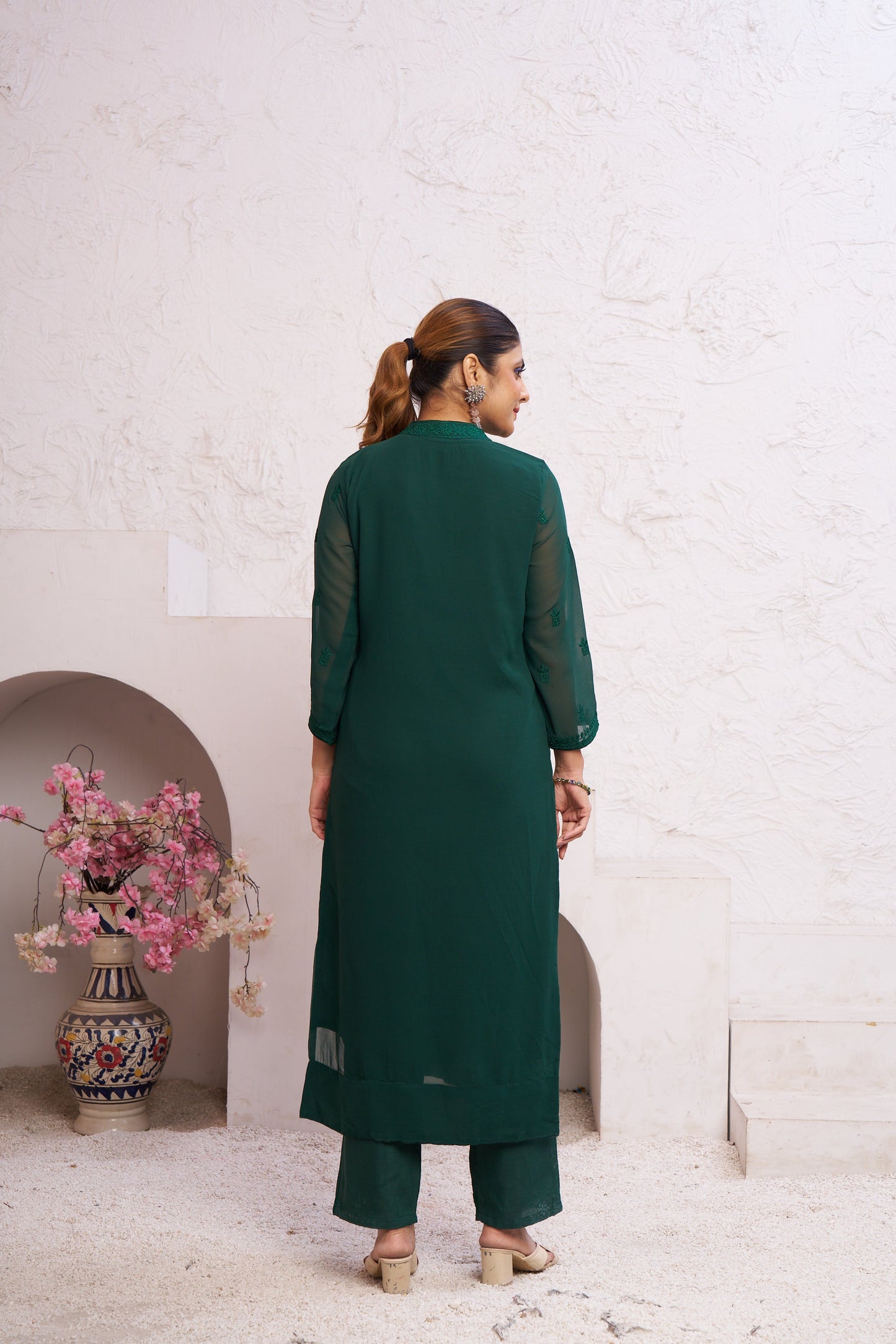 Jyoti Fashion Women's Bottle Green Faux Georgette Embroidered Designer Kurta with Bottom