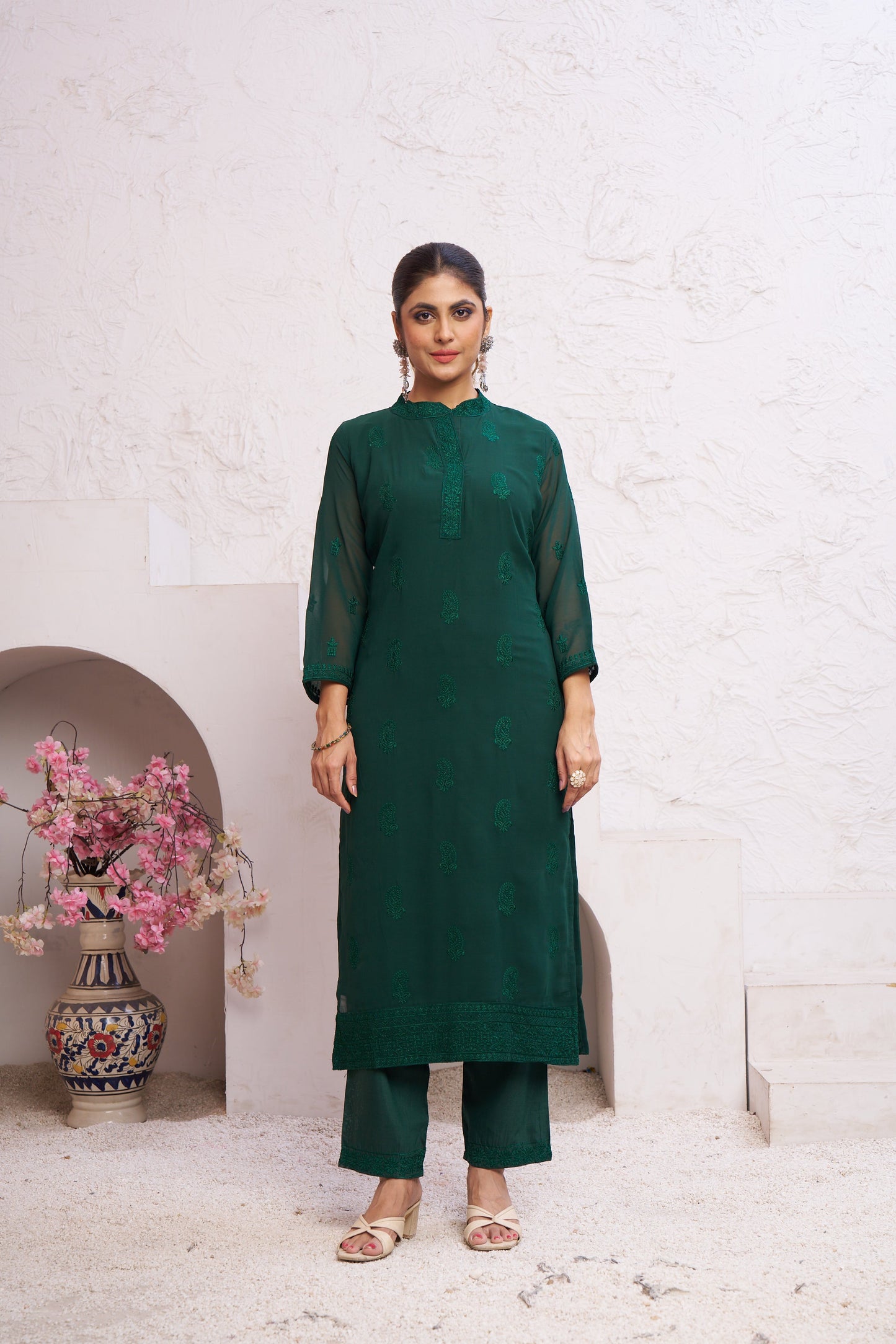 Jyoti Fashion Women's Bottle Green Faux Georgette Embroidered Designer Kurta with Bottom