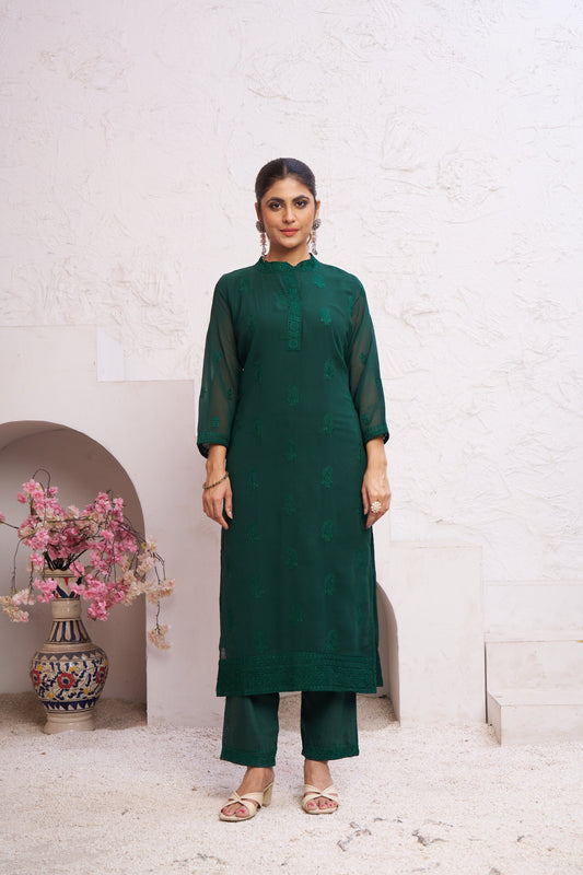 Jyoti Fashion Women's Bottle Green Faux Georgette Embroidered Designer Kurta with Bottom