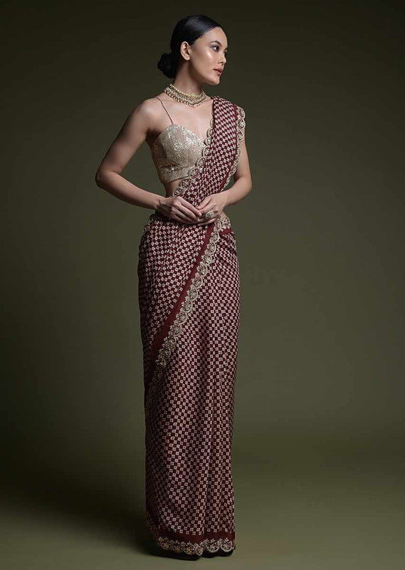 Jyoti Fashion Women's Wine Coding Sequence Chinon Saree with Blouse