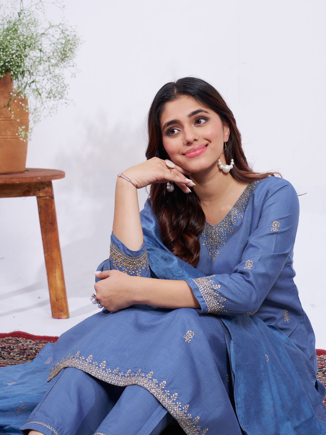 Jyoti Fashion Women's Denim Blue Rayon Embroidered Designer Kurta Set with Dupatta