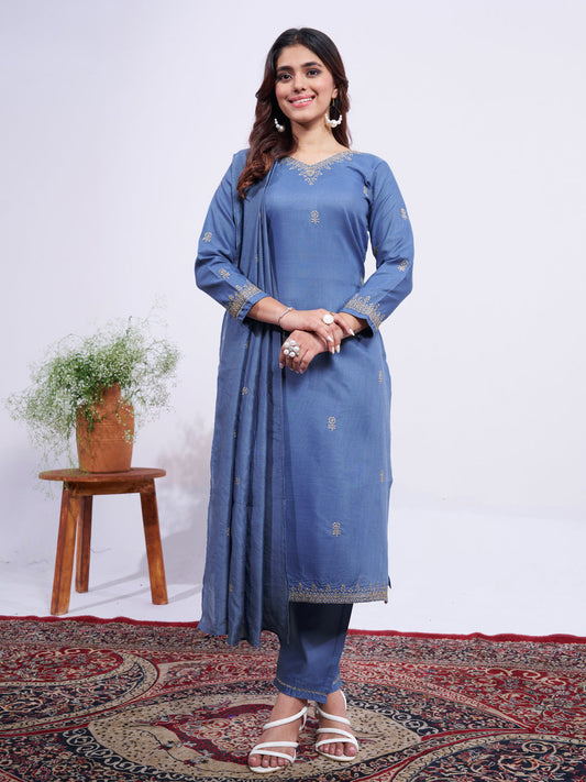 Jyoti Fashion Women's Denim Blue Rayon Embroidered Designer Kurta Set with Dupatta