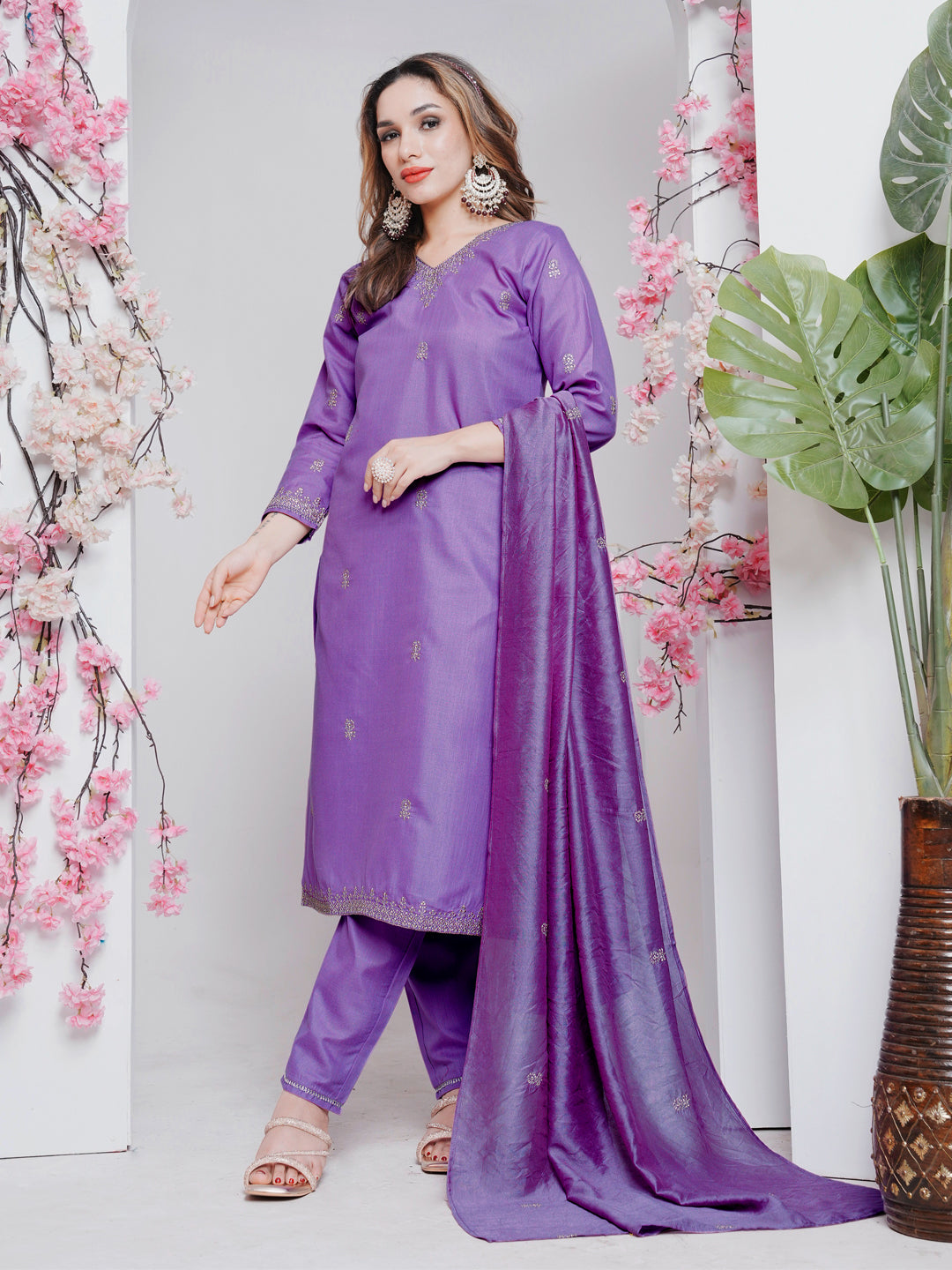 Jyoti Fashion Women's Lavender Rayon Embroidered Designer Kurta Set with Dupatta