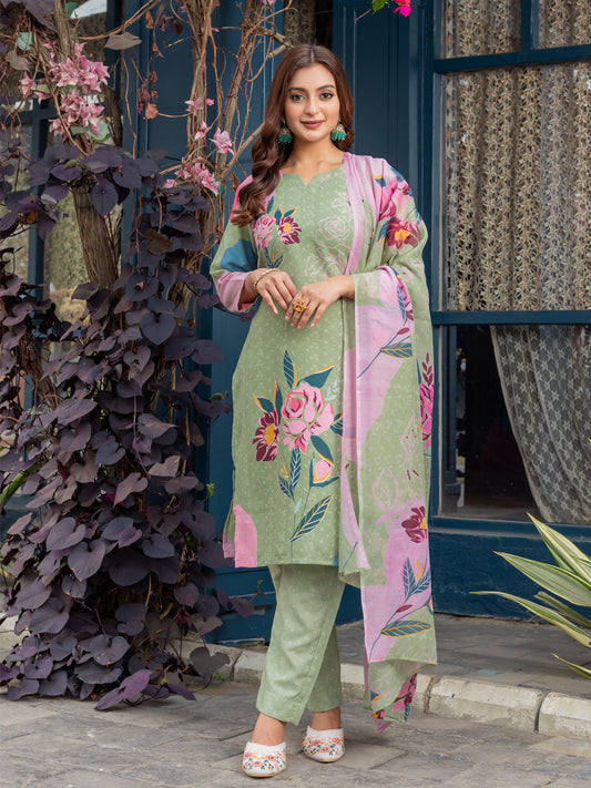 Jyoti Fashion Women's Mehendi Cotton Blend Printed Designer Kurta Set with Dupatta