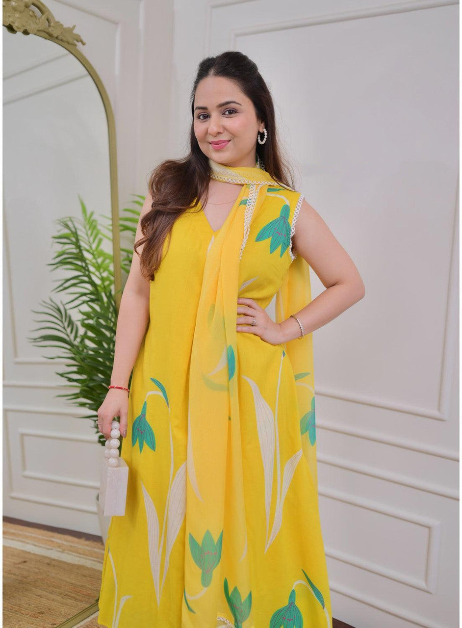 Jyoti Fashion Women's Yellow Rayon Printed Designer Kurta Set with Dupatta