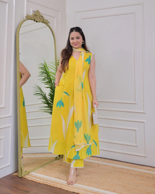 Jyoti Fashion Women's Yellow Rayon Printed Designer Kurta Set with Dupatta