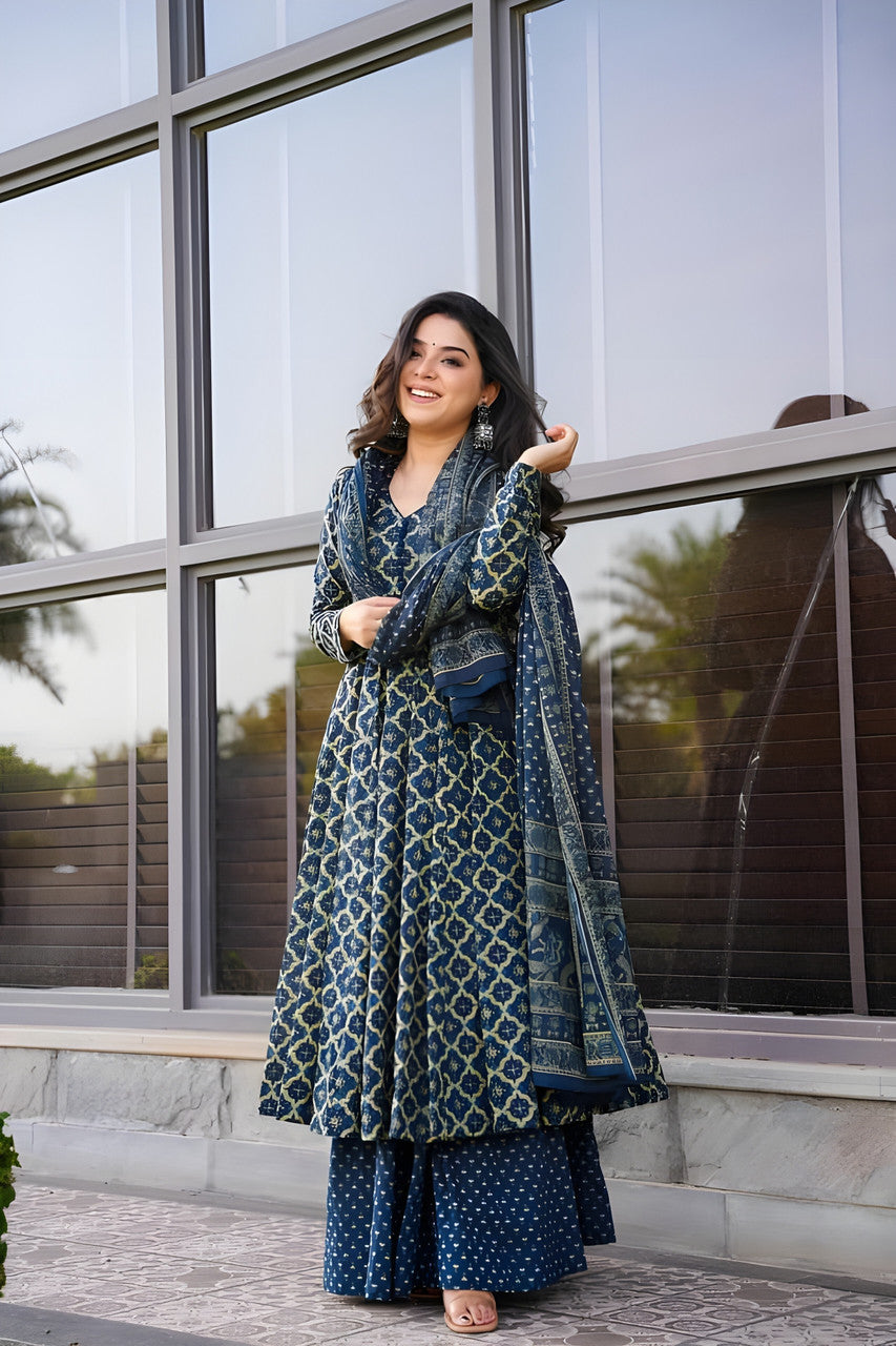 Jyoti Fashion Women's Navy Blue Rayon Printed Designer Kurta Set with Dupatta
