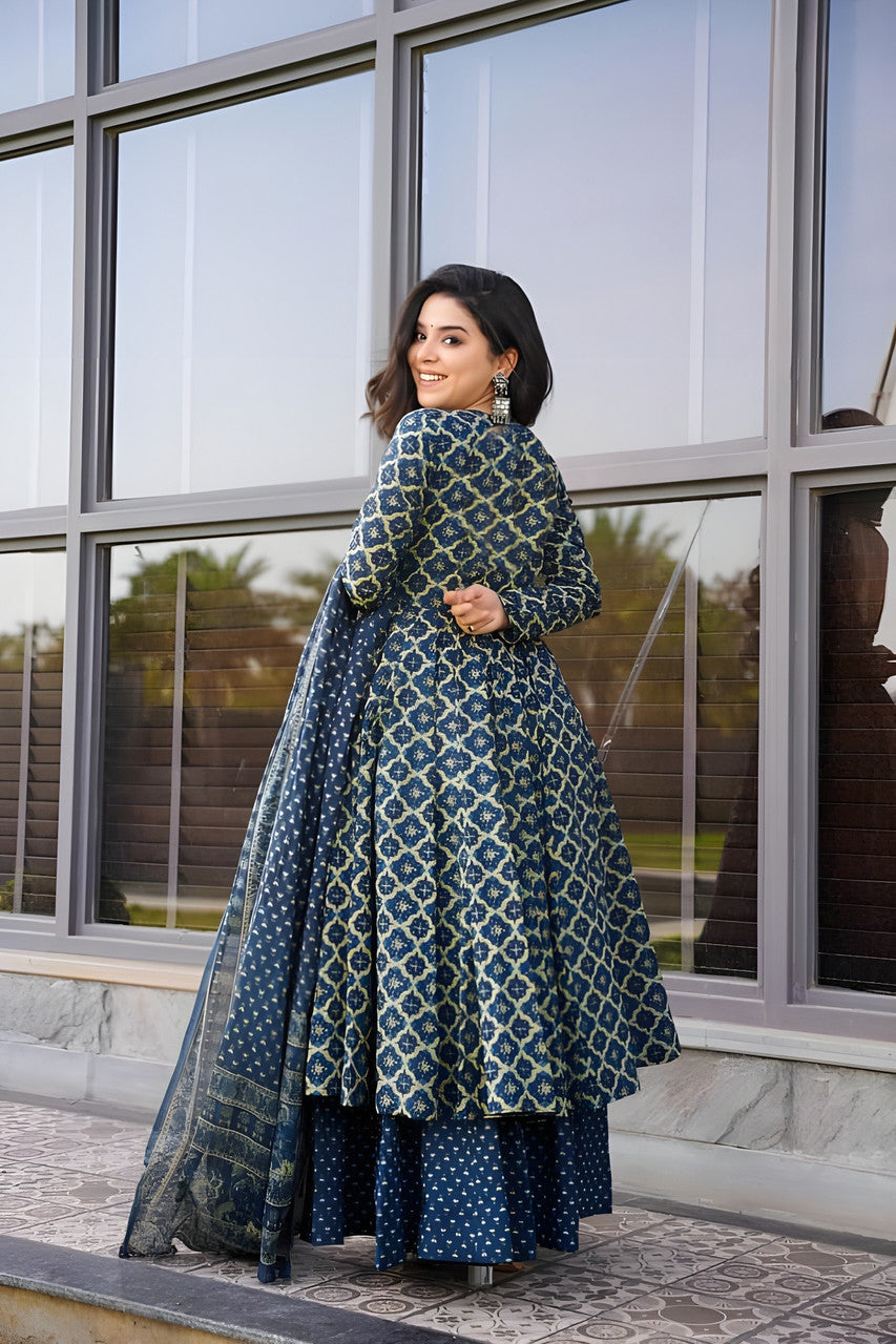 Jyoti Fashion Women's Navy Blue Rayon Printed Designer Kurta Set with Dupatta