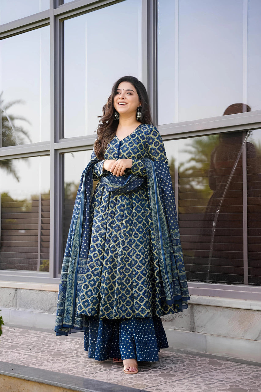 Jyoti Fashion Women's Navy Blue Rayon Printed Designer Kurta Set with Dupatta