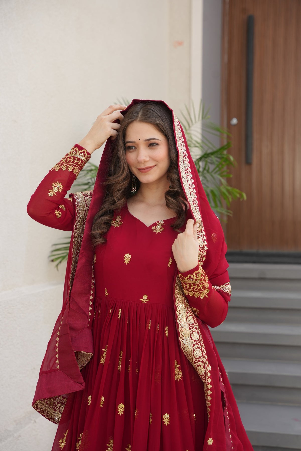 Jyoti Fashion Women's Maroon Faux Blooming Sequins Zari Embroidered Anarkali Set With Dupatta