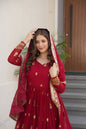 Jyoti Fashion Women's Maroon Faux Blooming Sequins Zari Embroidered Anarkali Set With Dupatta