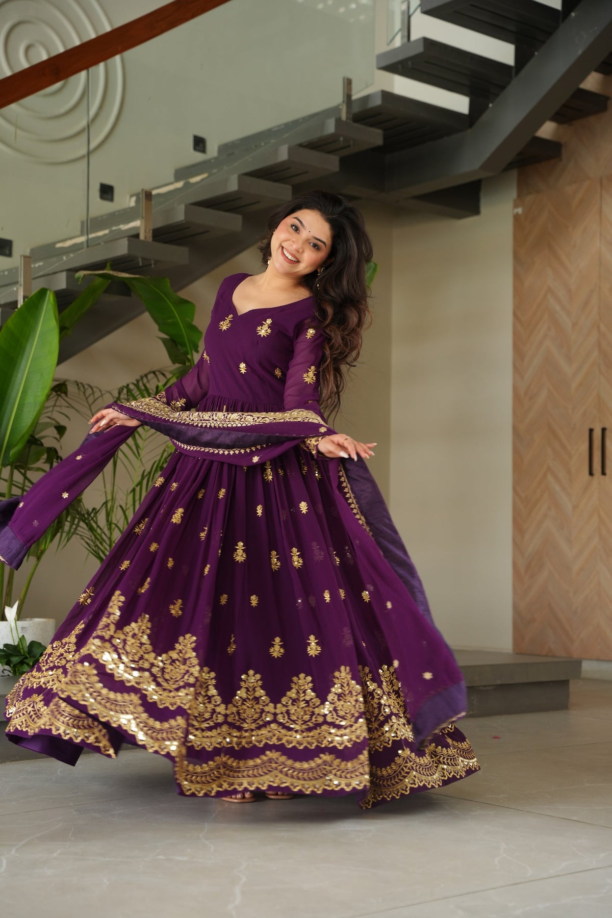 Jyoti Fashion Women's Purple Faux Blooming Sequins Zari Embroidered Anarkali Set With Dupatta