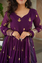 Jyoti Fashion Women's Purple Faux Blooming Sequins Zari Embroidered Anarkali Set With Dupatta