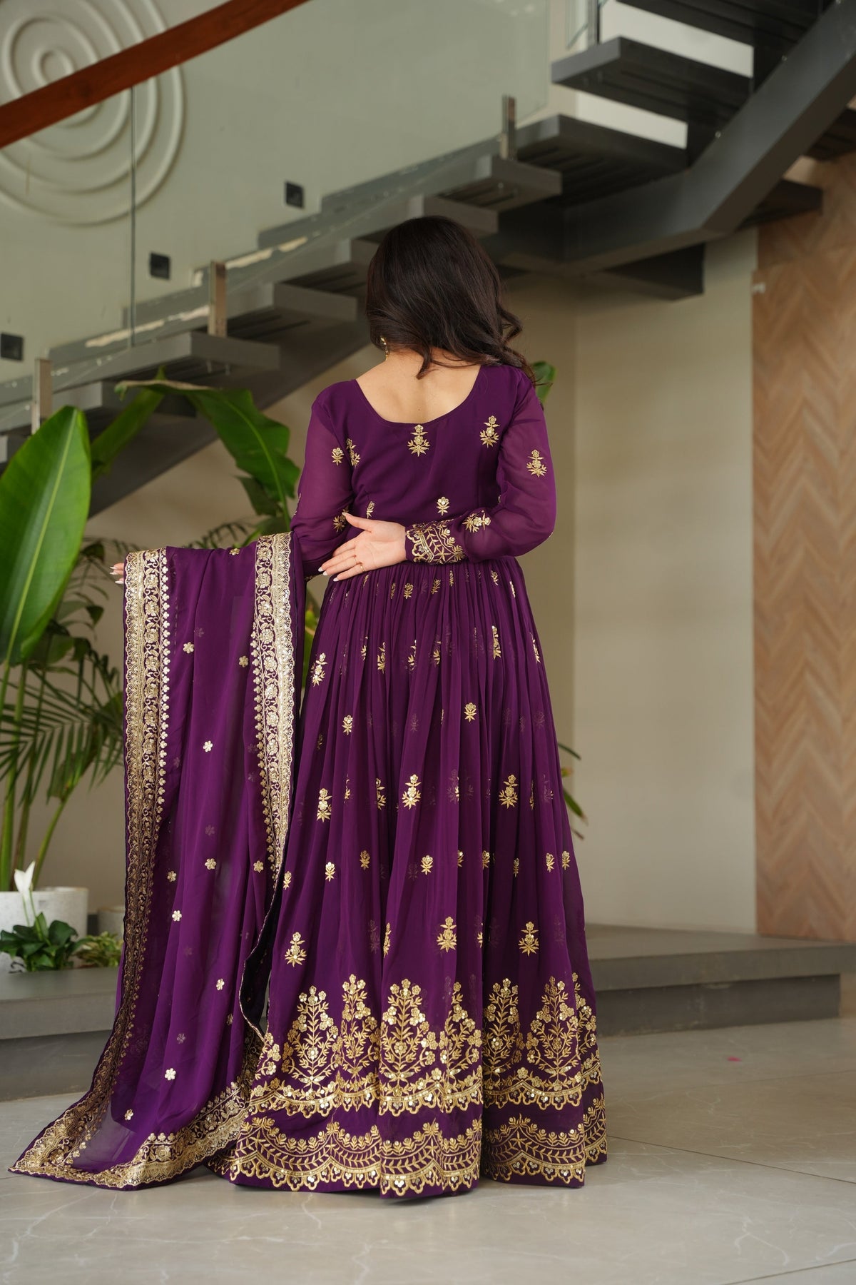 Jyoti Fashion Women's Purple Faux Blooming Sequins Zari Embroidered Anarkali Set With Dupatta