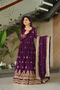 Jyoti Fashion Women's Purple Faux Blooming Sequins Zari Embroidered Anarkali Set With Dupatta