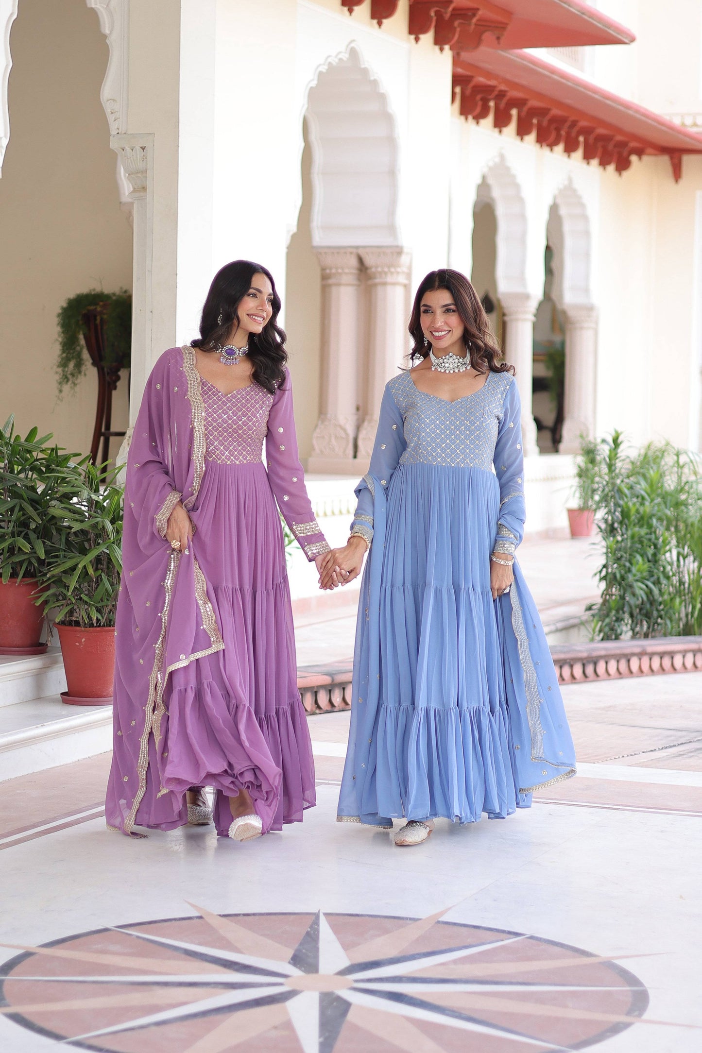 Jyoti Fashion Women's Purple & Sky Blue Faux Georgette Embroidered Combo Anarkali Set With Dupatta