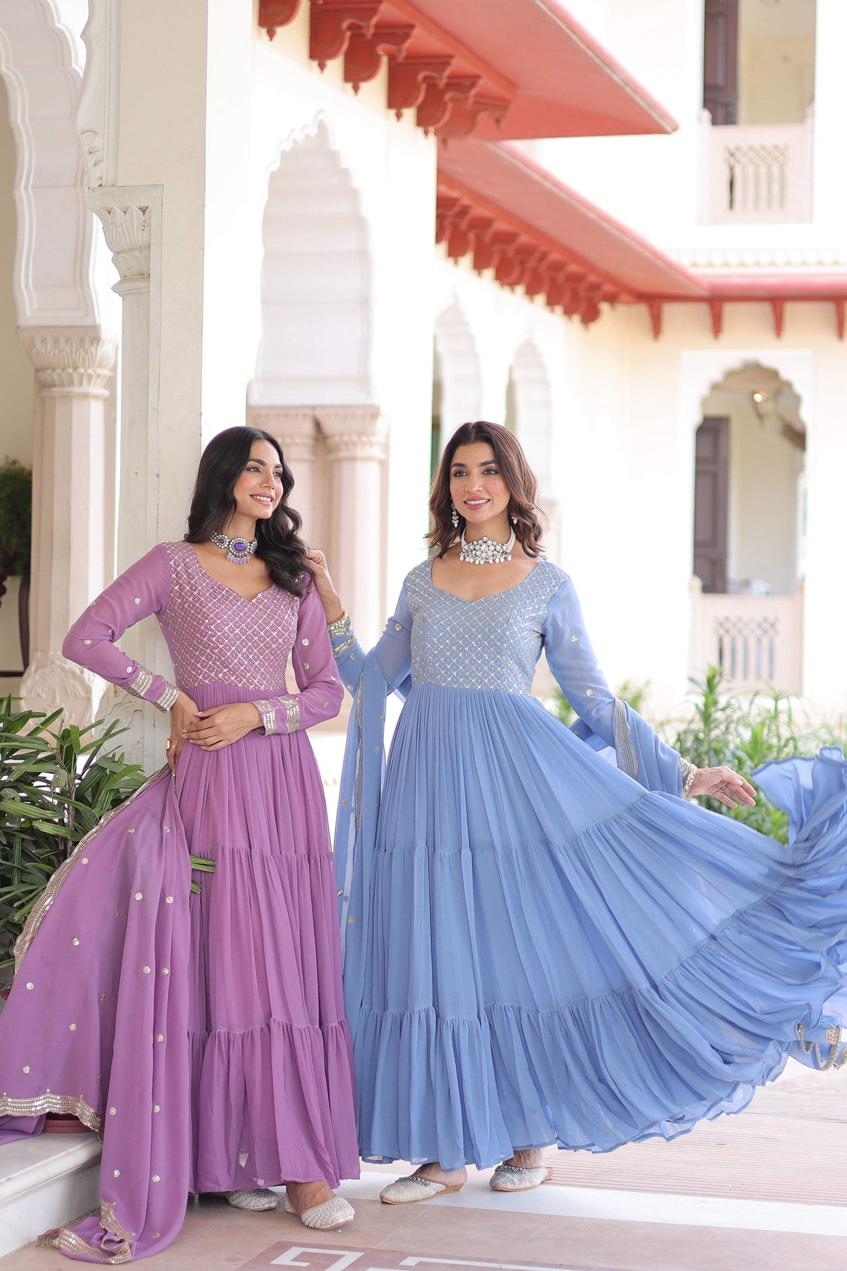 Jyoti Fashion Women's Purple & Sky Blue Faux Georgette Embroidered Combo Anarkali Set With Dupatta