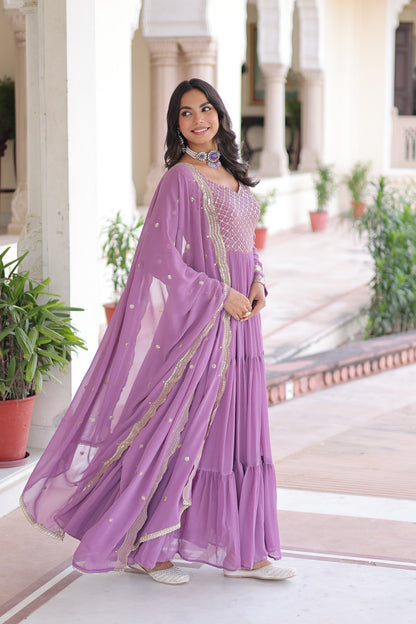 Jyoti Fashion Women's Purple Faux Georgette Sequins Zari Embroidered Anarkali Set With Dupatta