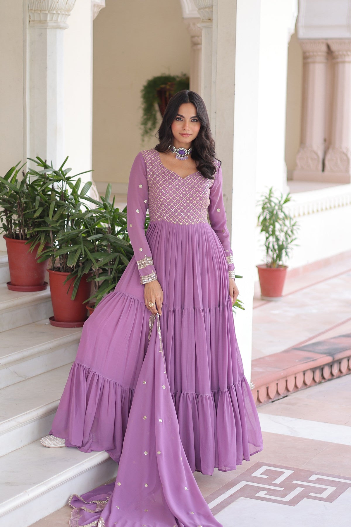 Jyoti Fashion Women's Purple Faux Georgette Sequins Zari Embroidered Anarkali Set With Dupatta