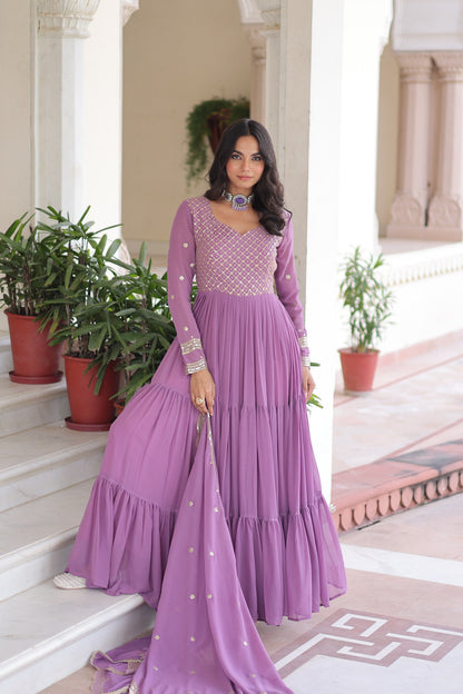 Jyoti Fashion Women's Purple Faux Georgette Sequins Zari Embroidered Anarkali Set With Dupatta