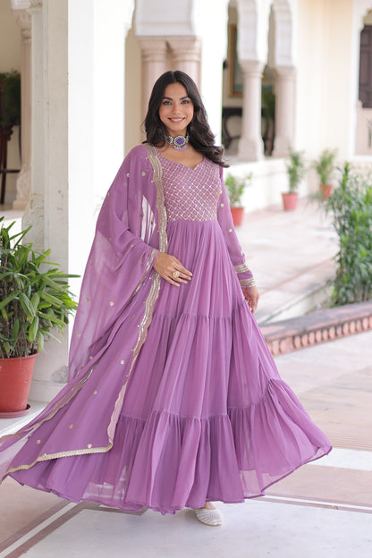 Jyoti Fashion Women's Purple Faux Georgette Sequins Zari Embroidered Anarkali Set With Dupatta