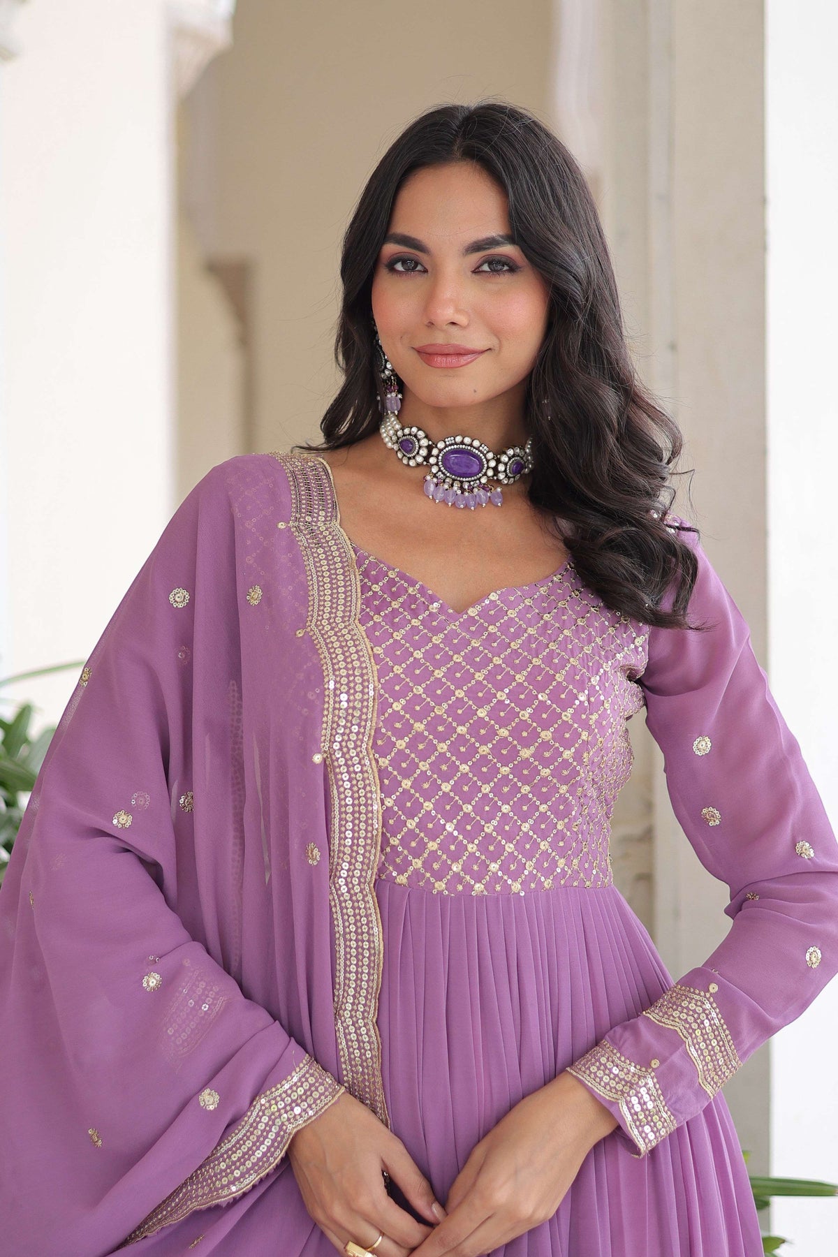Jyoti Fashion Women's Purple Faux Georgette Sequins Zari Embroidered Anarkali Set With Dupatta