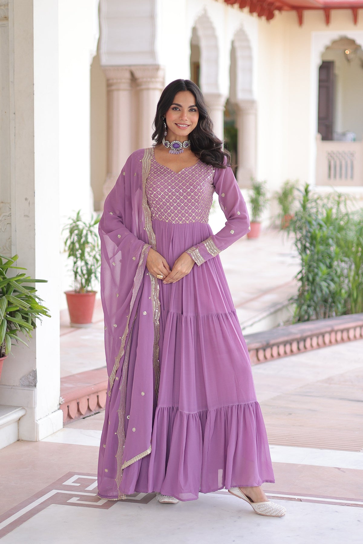 Jyoti Fashion Women's Purple Faux Georgette Sequins Zari Embroidered Anarkali Set With Dupatta