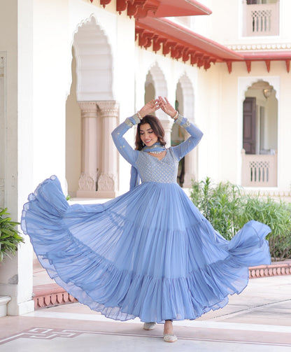 Jyoti Fashion Women's Sky Blue Faux Georgette Sequins Zari Embroidered Anarkali Set With Dupatta