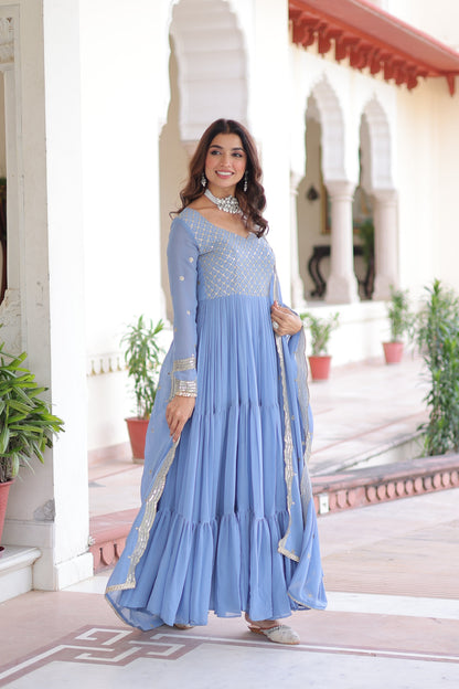Jyoti Fashion Women's Sky Blue Faux Georgette Sequins Zari Embroidered Anarkali Set With Dupatta