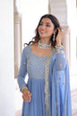 Jyoti Fashion Women's Sky Blue Faux Georgette Sequins Zari Embroidered Anarkali Set With Dupatta