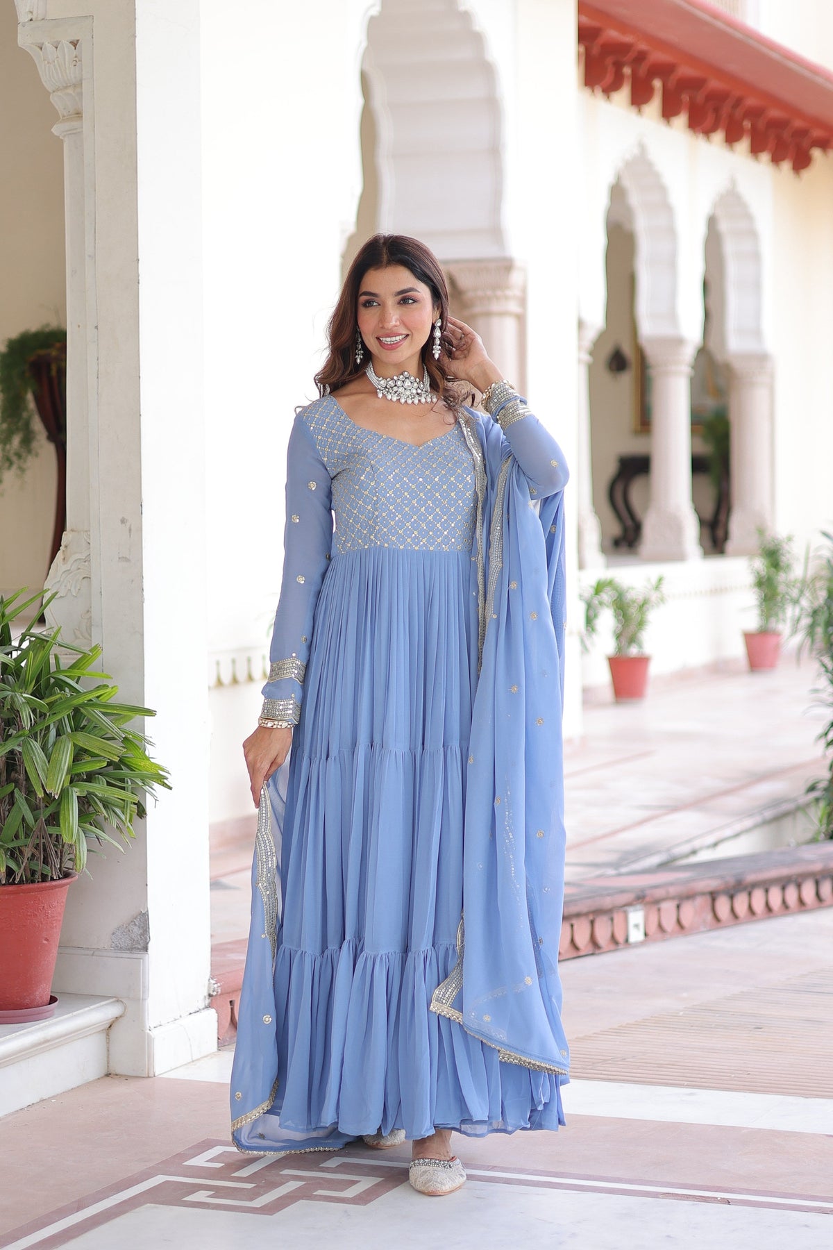 Jyoti Fashion Women's Sky Blue Faux Georgette Sequins Zari Embroidered Anarkali Set With Dupatta