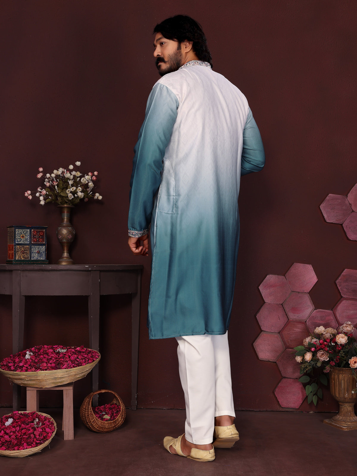 Jyoti Fashion Men's Teal Sequins Embroidered Kurta with Pajama