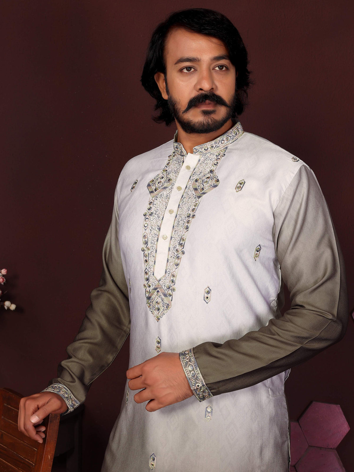 Jyoti Fashion Men's Mehendi Sequins Embroidered Kurta with Pajama